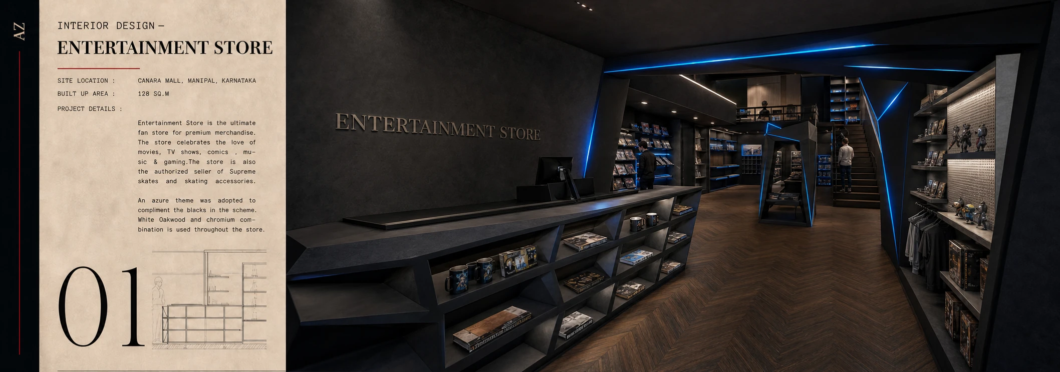 Entertainment Store overview board with an interior render and project brief.
